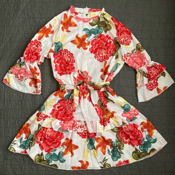 Floral Print Round Collar Pleated Dress - Picture 5 of 5